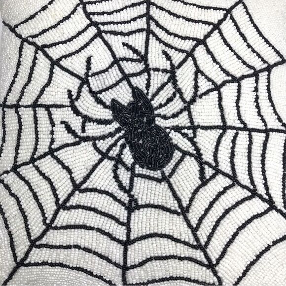 Noir Night Black Spiderweb White Beaded 16” Halloween Decor Accent Throw Pillow - Picture 3 of 15